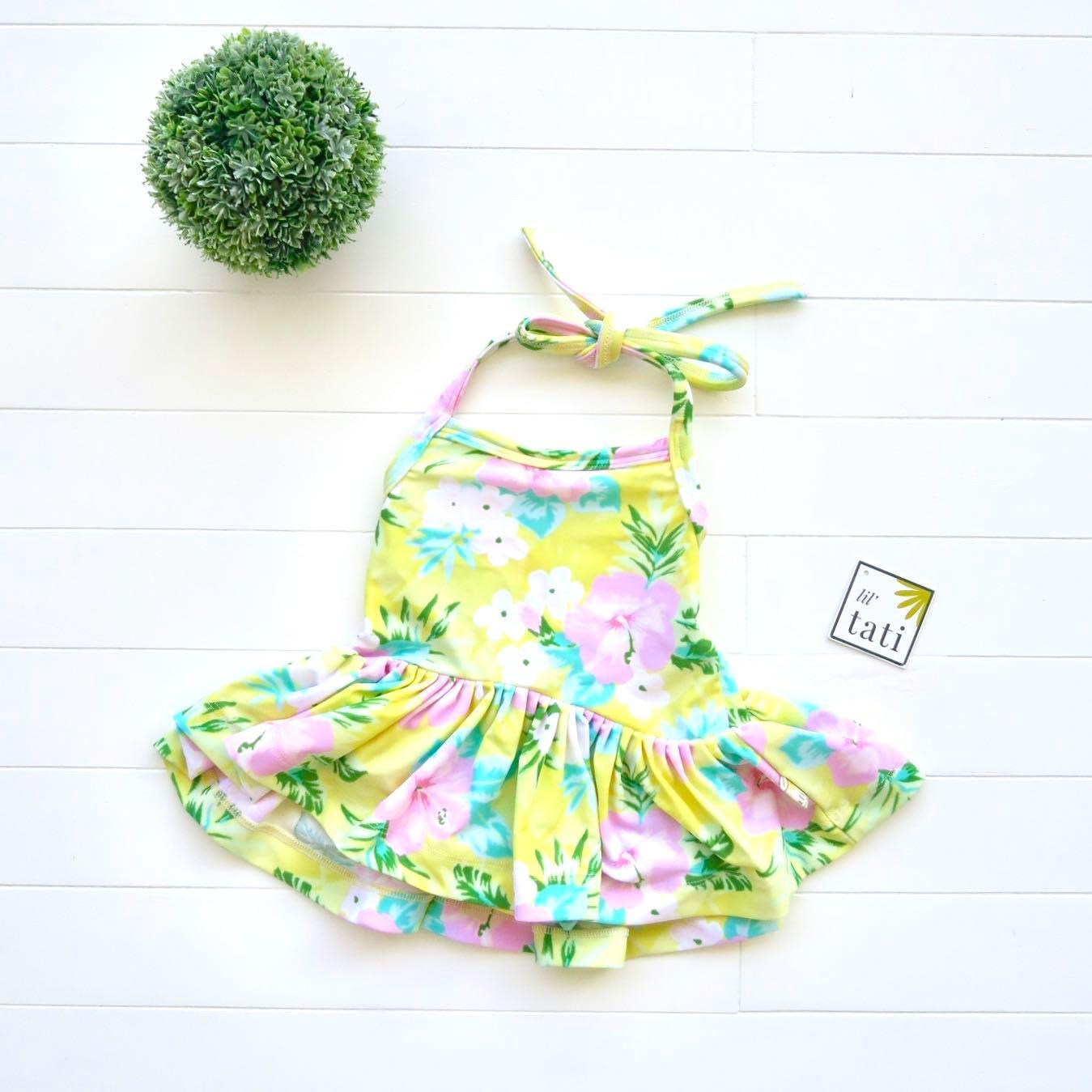 Berry Swimsuit with Tie-Straps in Hawaiian Yellow Print - Lil' Tati
