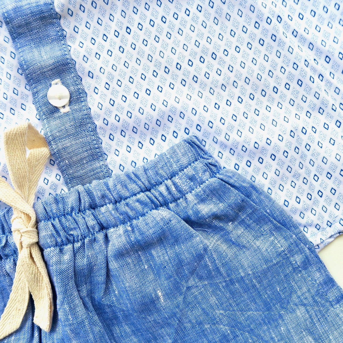 Birch Top & Shorts in Blue Diamond Print & Blue Linen - Lil' Tati