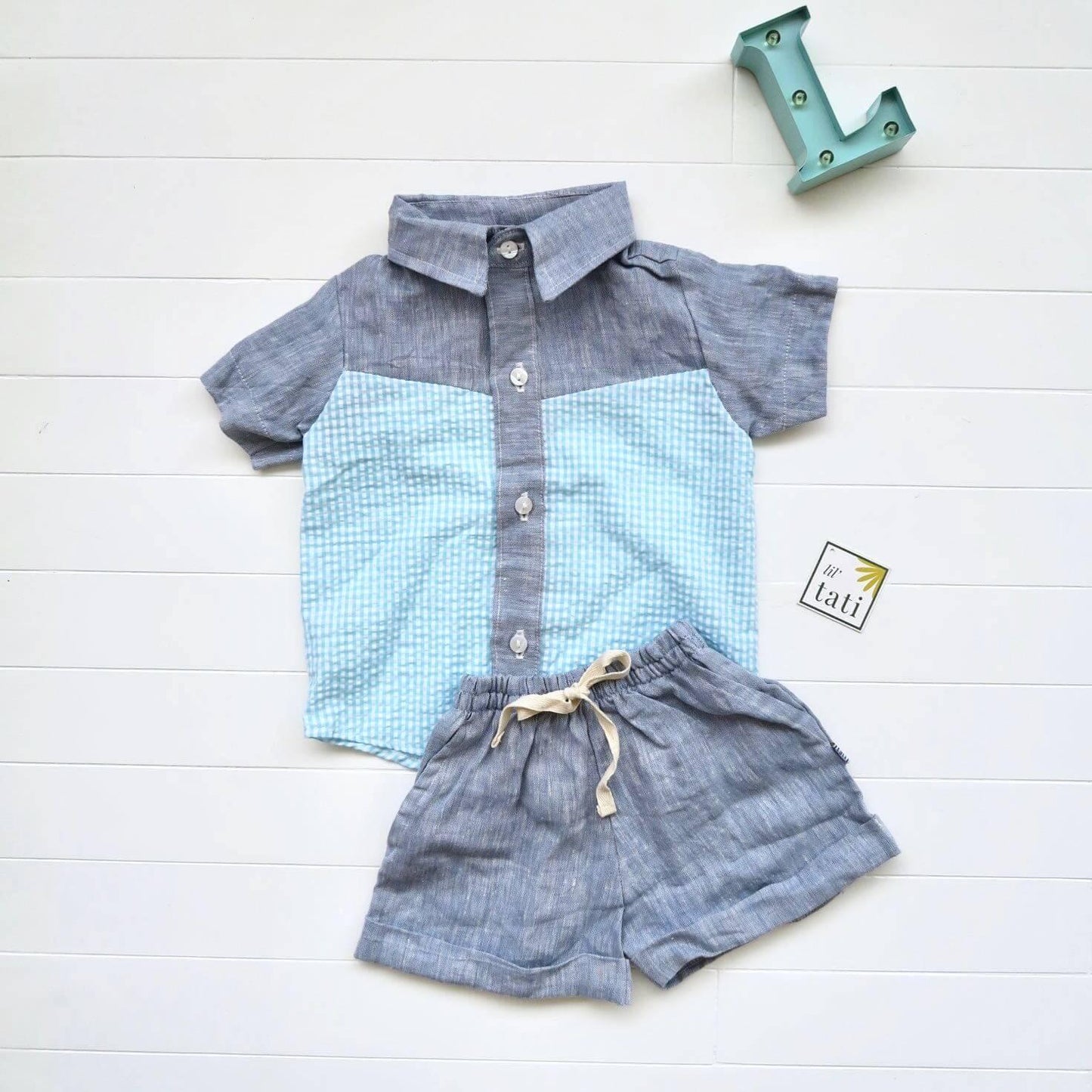 Birch Top & Shorts in Light Blue Seersucker and Dark Blue Linen - Lil' Tati