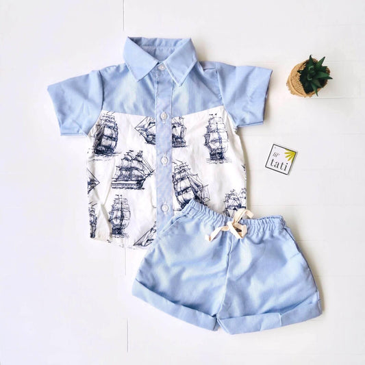 Birch Top & Shorts in Galleon White and Light Blue Pinstripes - Lil' Tati