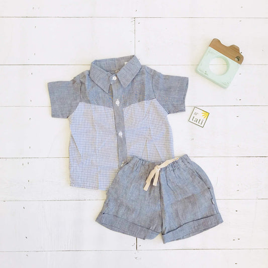 Birch Top & Shorts in Graphite Checkered and Gray Linen - Lil' Tati