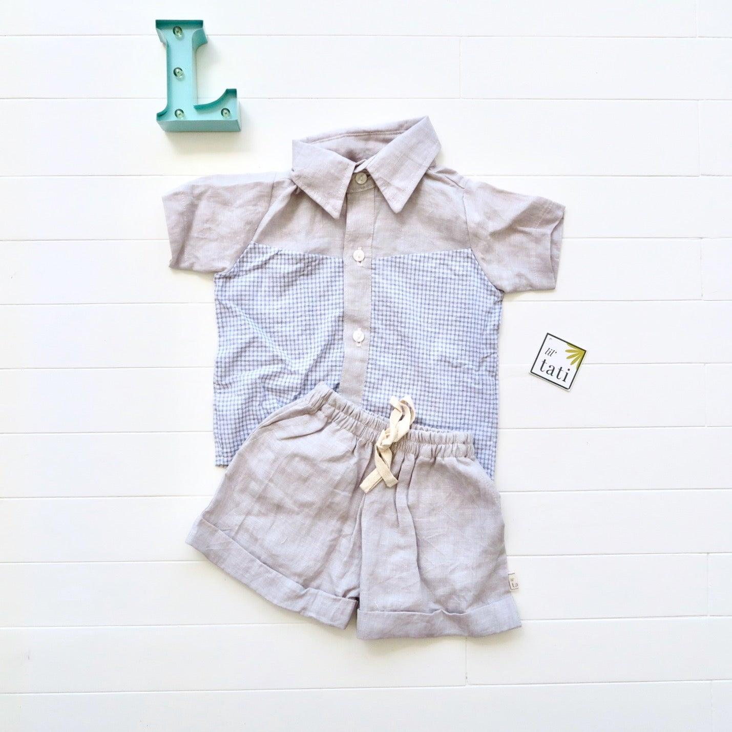Birch Top & Shorts in Graphite Checkered and Light Gray Linen - Lil' Tati