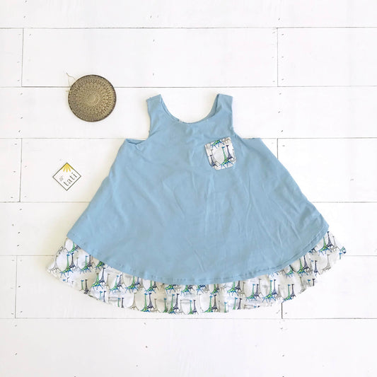 Blossom Dress in Light Blue Stretch and Blue Giraffe - Lil' Tati