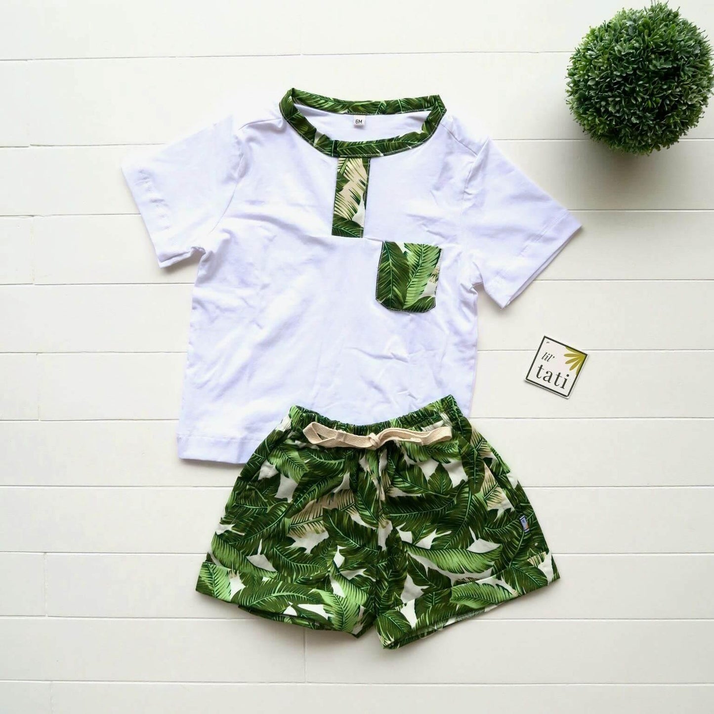 Caper Top & Shorts in Banana Leaves Print and White Stretch - Lil' Tati