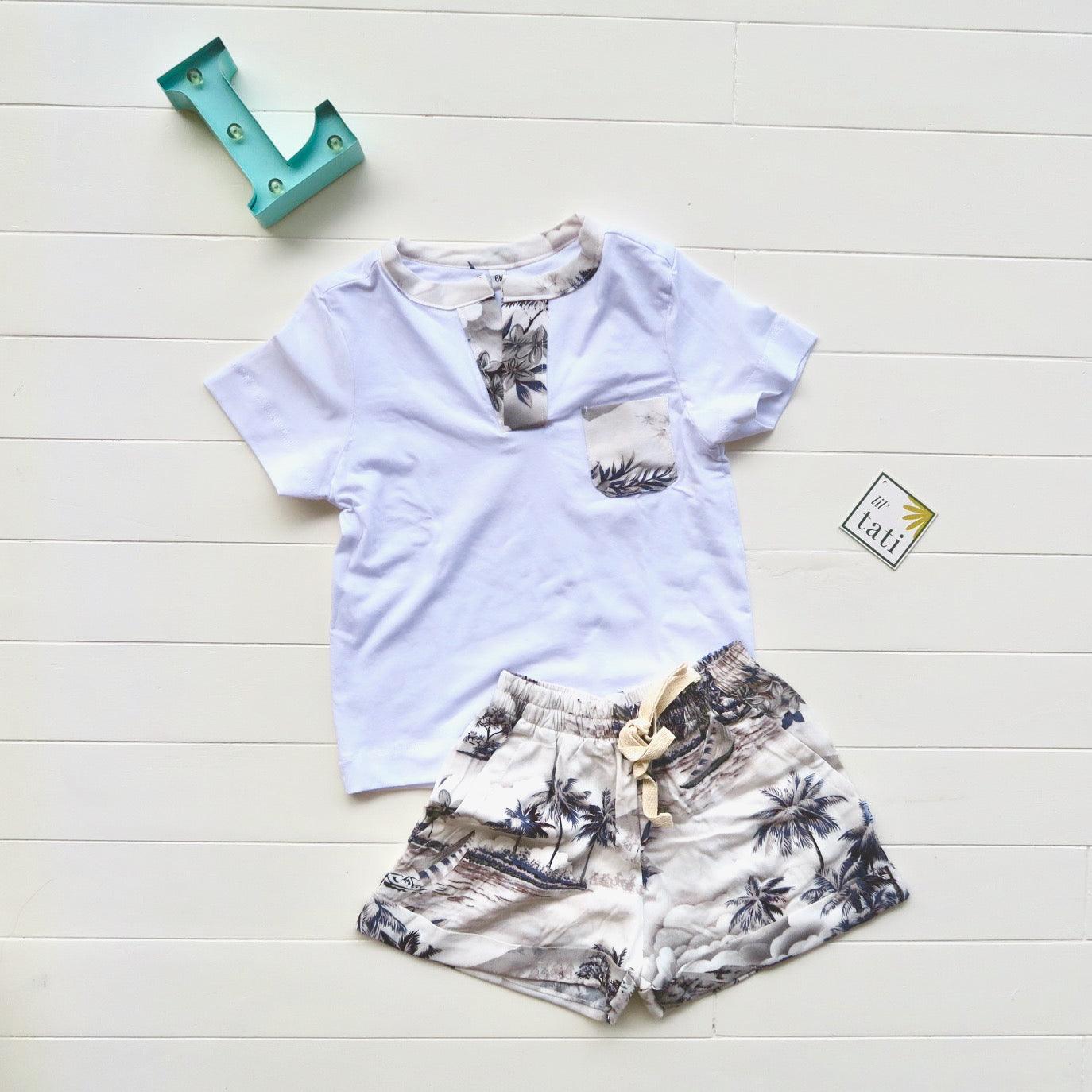 Caper Top & Shorts in Beige Beach and White Stretch - Lil' Tati