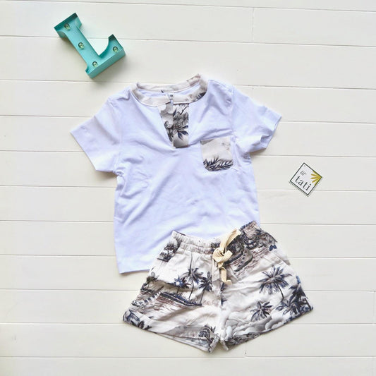 Caper Top & Shorts in Beige Beach and White Stretch - Lil' Tati