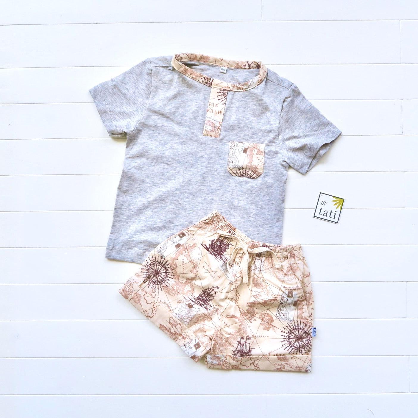 Caper Top & Shorts in Bon Voyage Brown and Gray Stretch - Lil' Tati