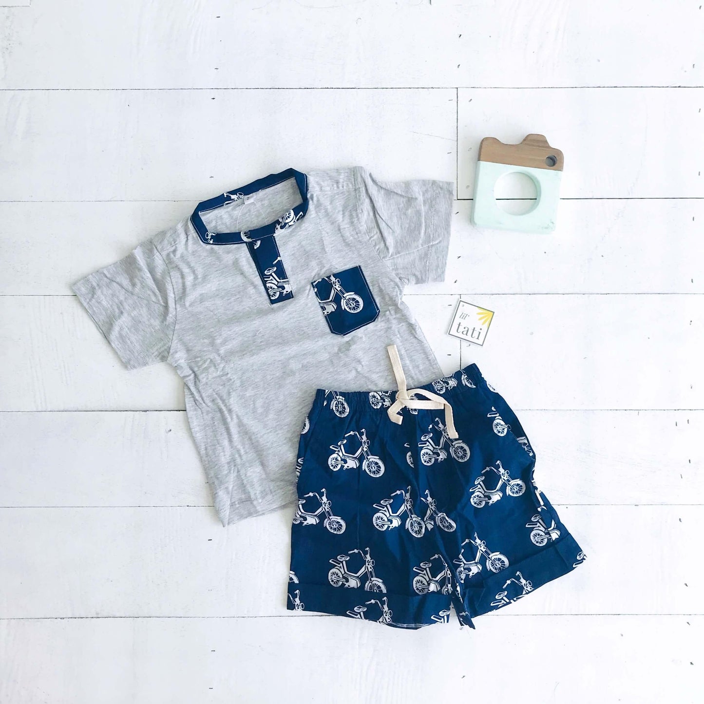 Caper Top & Shorts in Motorcycle Navy and Gray Stretch - Lil' Tati