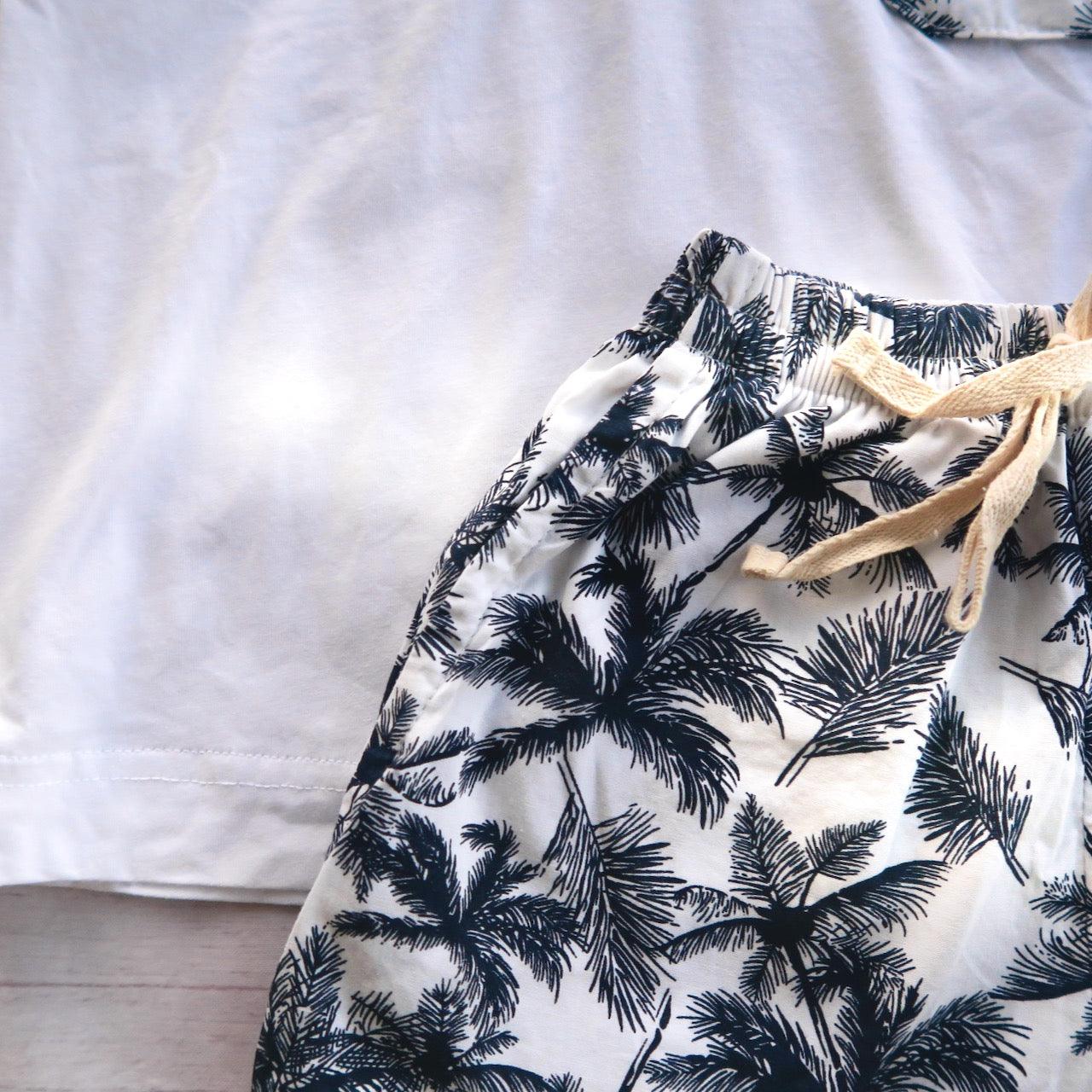 Caper Top & Shorts in Navy Coconut Tress & White Stretch - Lil' Tati