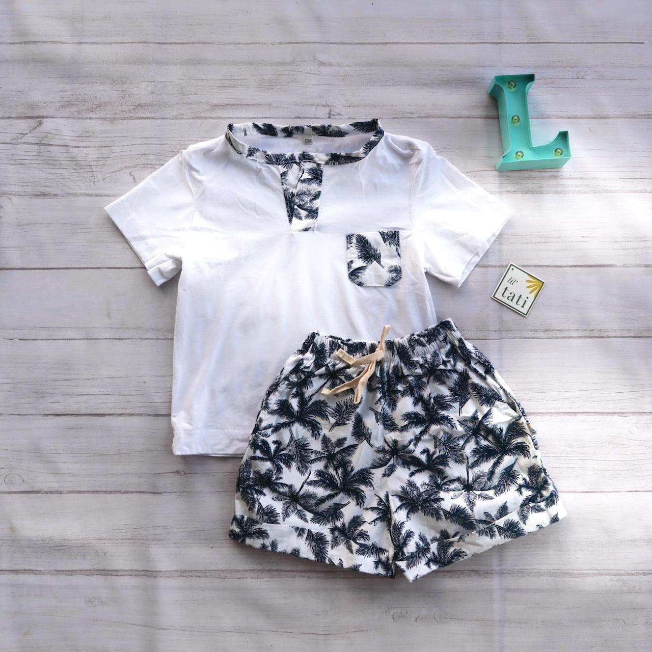 Caper Top & Shorts in Navy Coconut Tress & White Stretch - Lil' Tati
