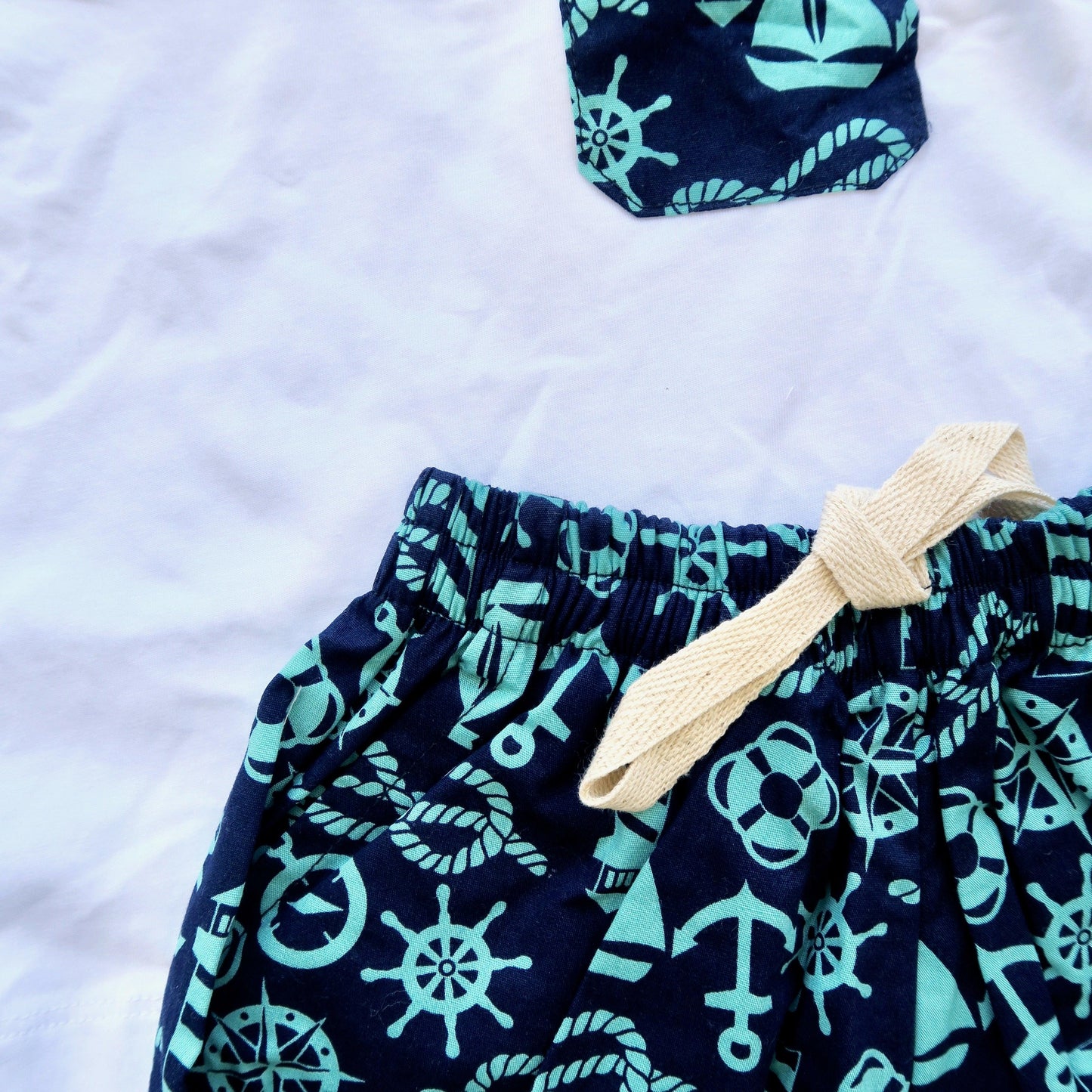Caper Top & Shorts in Sailor Navy Cyan and White Stretch - Lil' Tati
