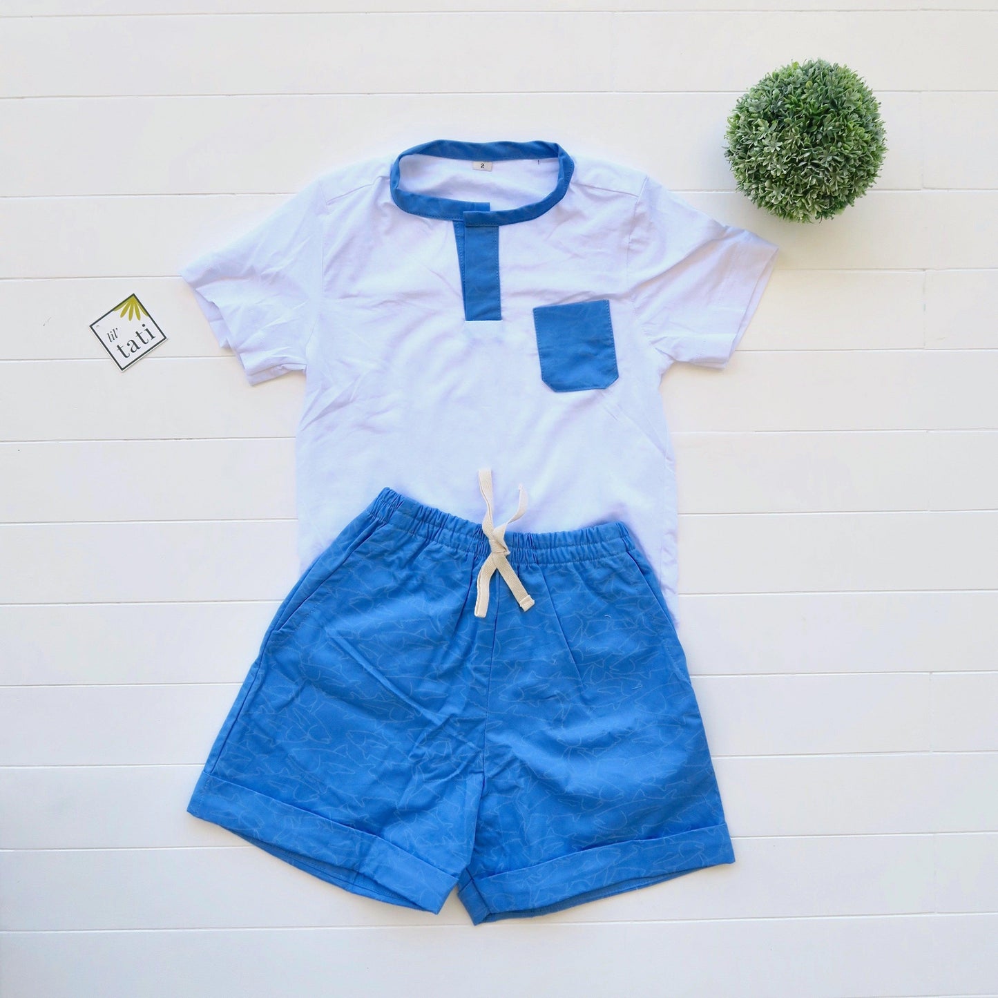 Caper Top & Shorts in Shark Stamp and White Stretch - Lil' Tati