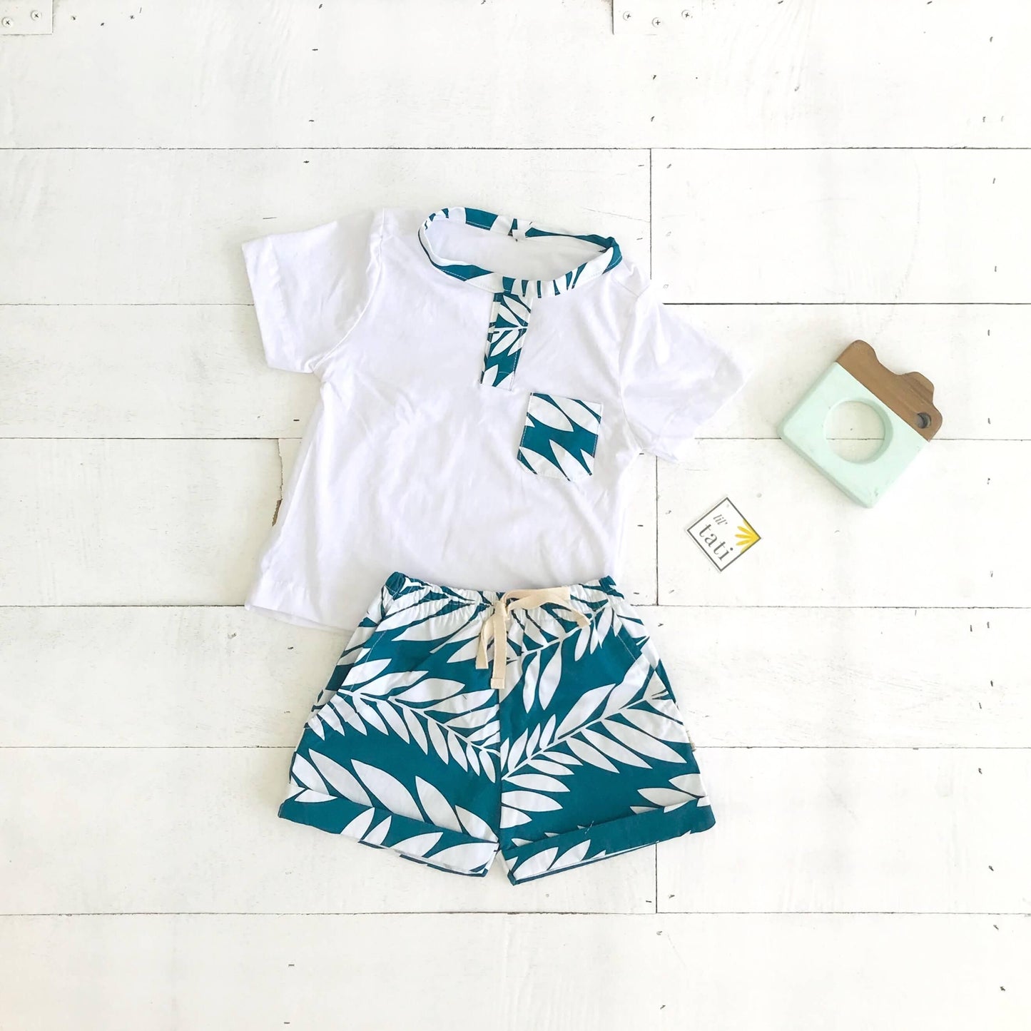 Caper Top & Shorts in Tahitian Leaves and White Stretch - Lil' Tati
