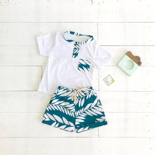 Caper Top & Shorts in Tahitian Leaves and White Stretch - Lil' Tati