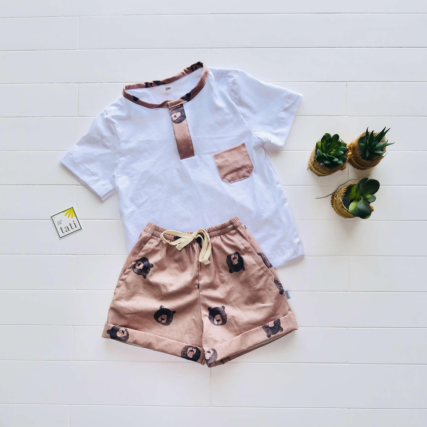 Caper Top & Shorts in White Stretch and Teddy Bear Print - Lil' Tati