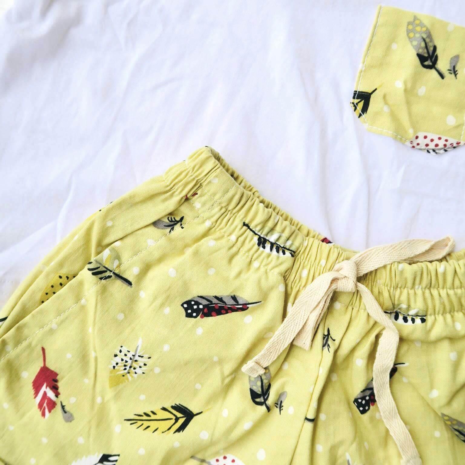 Caper Top & Shorts in Yellow Feathers Print and White Stretch - Lil' Tati