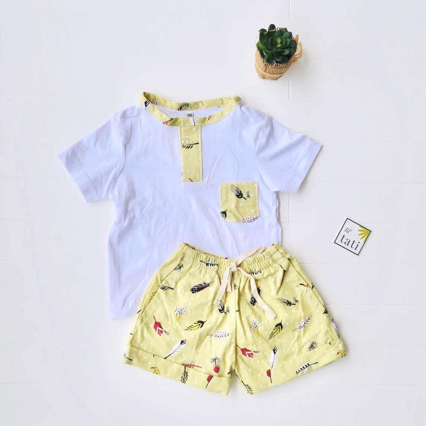 Caper Top & Shorts in Yellow Feathers Print and White Stretch - Lil' Tati