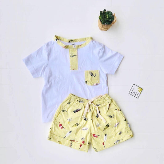 Caper Top & Shorts in Yellow Feathers Print and White Stretch - Lil' Tati
