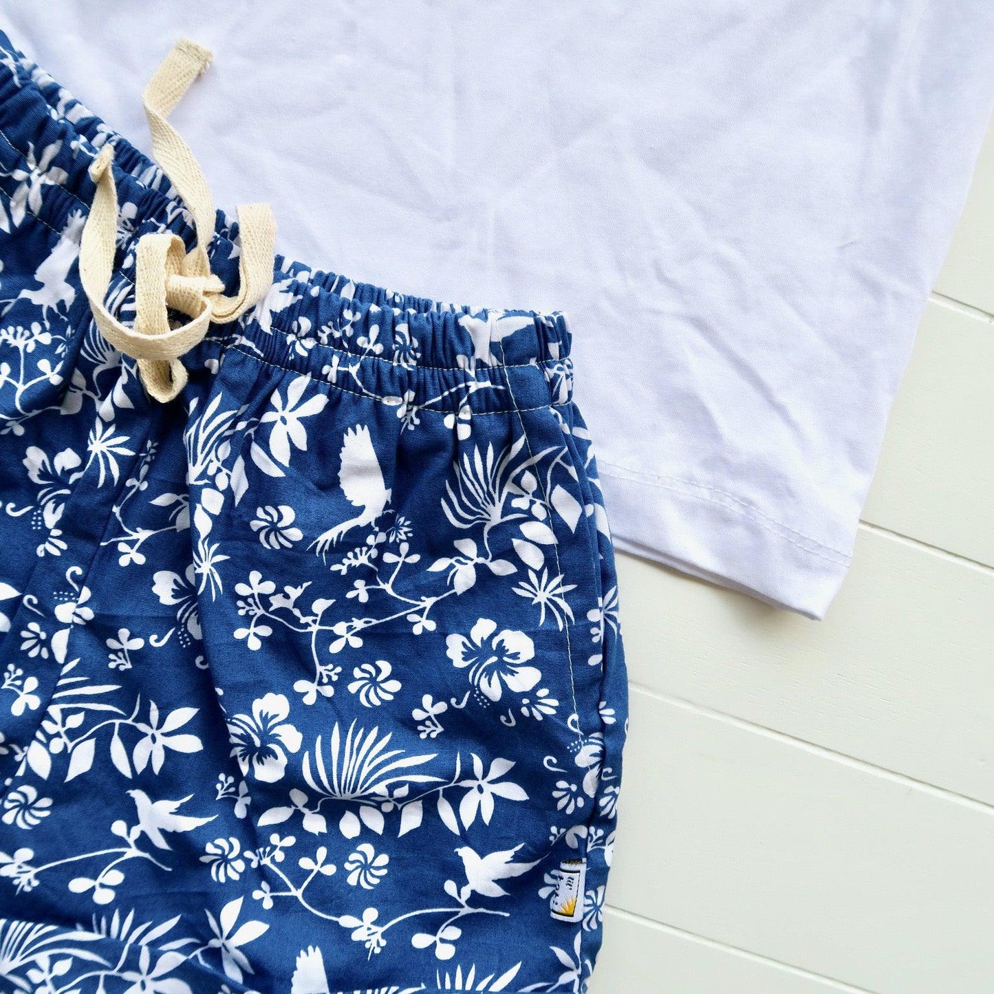 Caper Sleeveless Top & Shorts in Blue Bird Garden and White Stretch - Lil' Tati