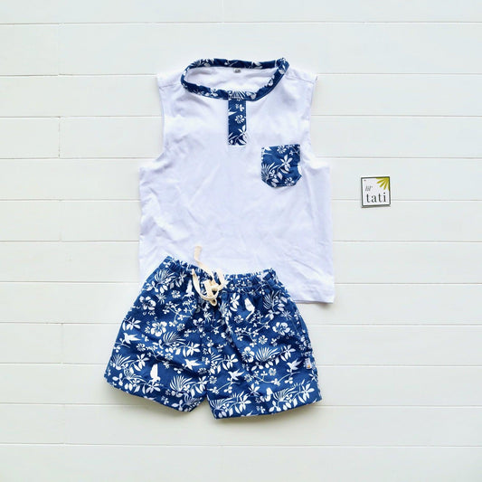 Caper Sleeveless Top & Shorts in Blue Bird Garden and White Stretch - Lil' Tati