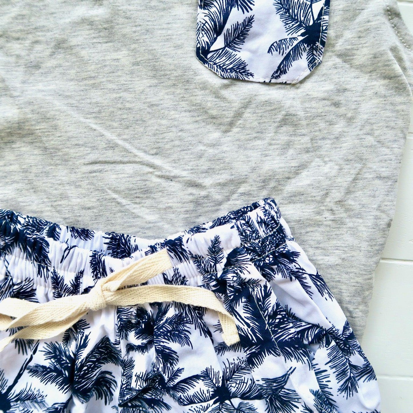 Caper Sleeveless Top & Shorts in Navy Coconut Trees Print and Gray Stretch - Lil' Tati