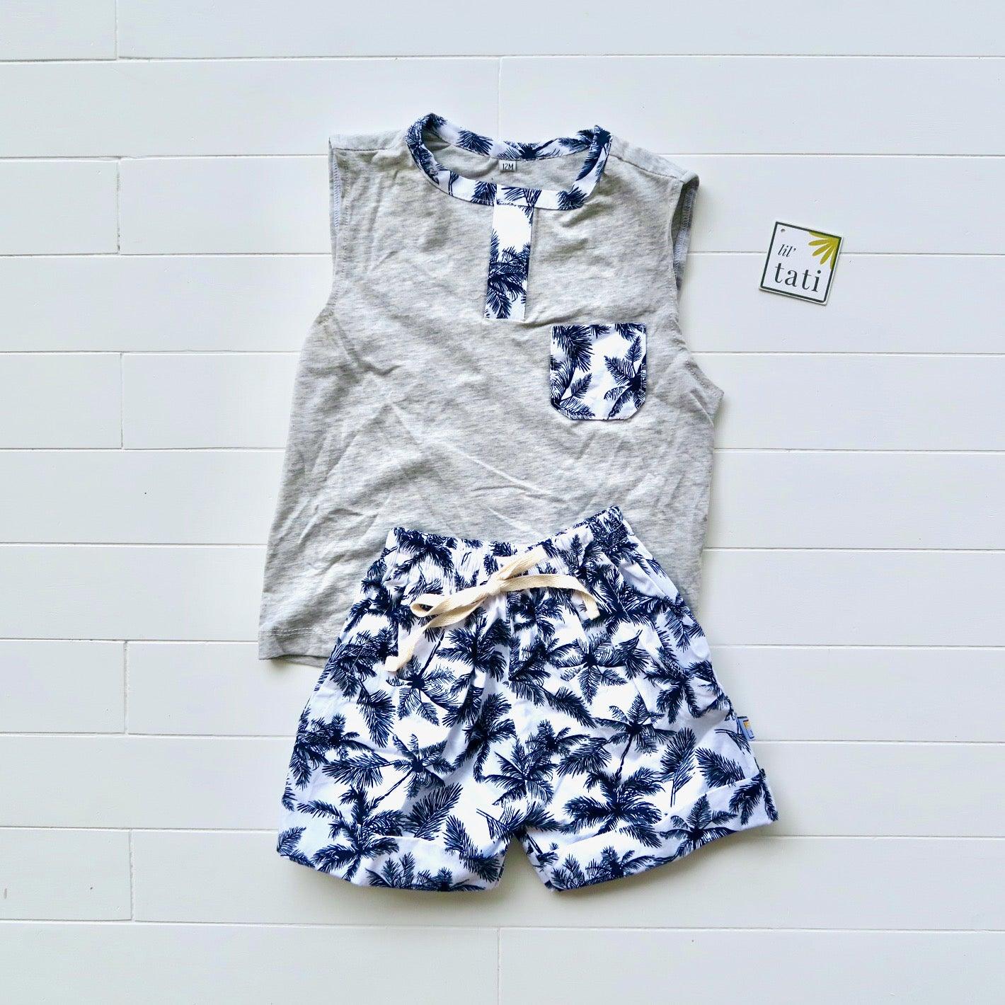 Caper Sleeveless Top & Shorts in Navy Coconut Trees Print and Gray Stretch - Lil' Tati