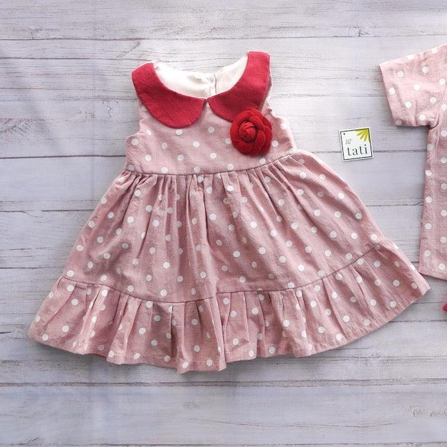 Carrie Dress in Pink Polka & Red Linen - Lil' Tati