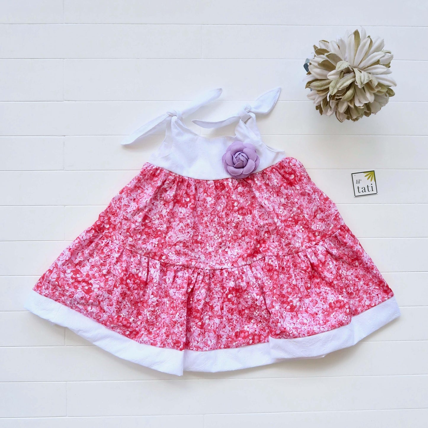 Carrie Tie-Strap in White Embroidery and Pink Paint Flowers Print - Lil' Tati