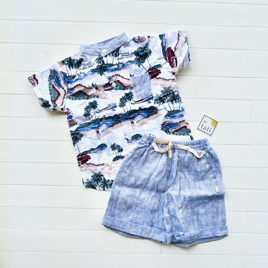 Cedar Top & Shorts in Beach Time and Blue Linen - Lil' Tati