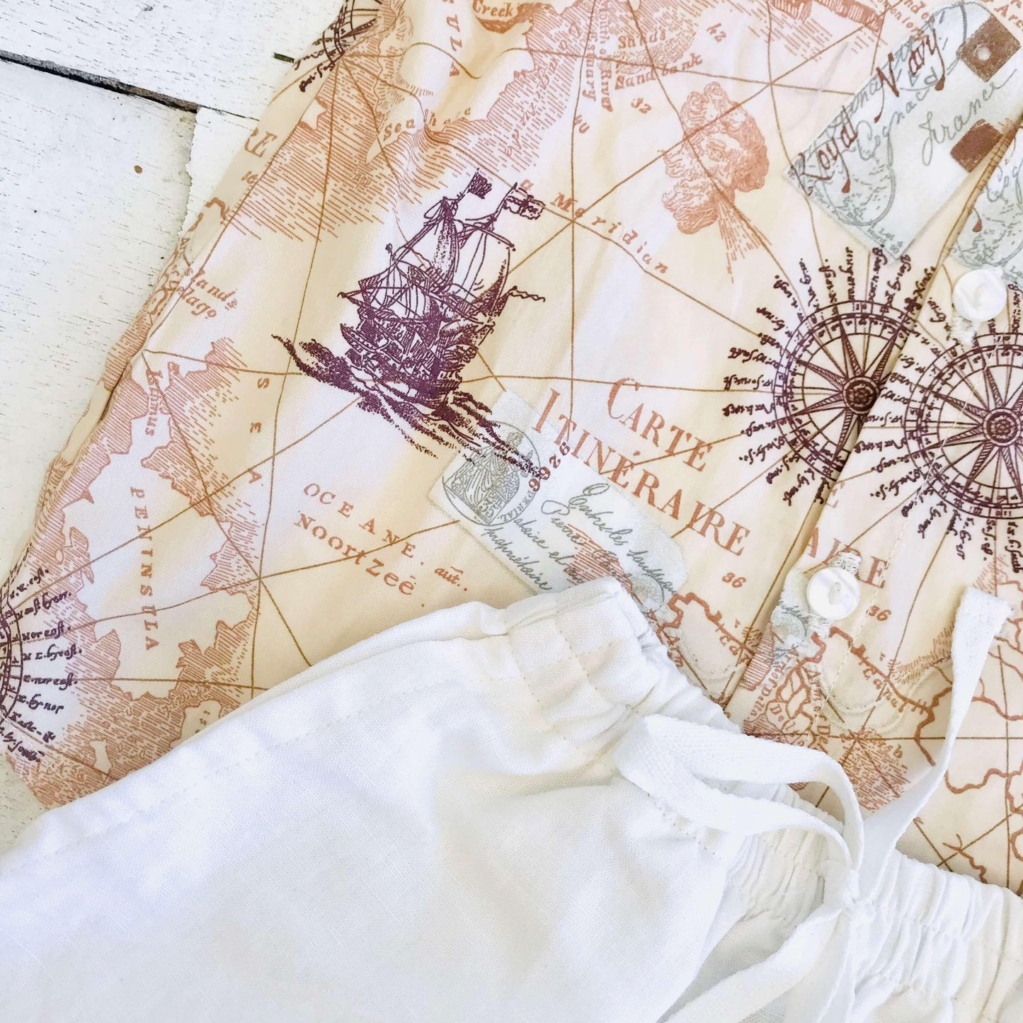 Cedar Top & Shorts in Bon Voyage Brown Print and White Linen - Lil' Tati
