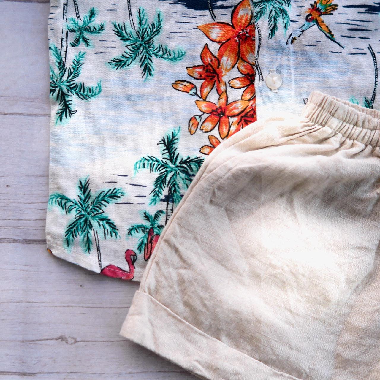 Cedar Top & Shorts in Hawaiian Linen and Beige Linen - Lil' Tati