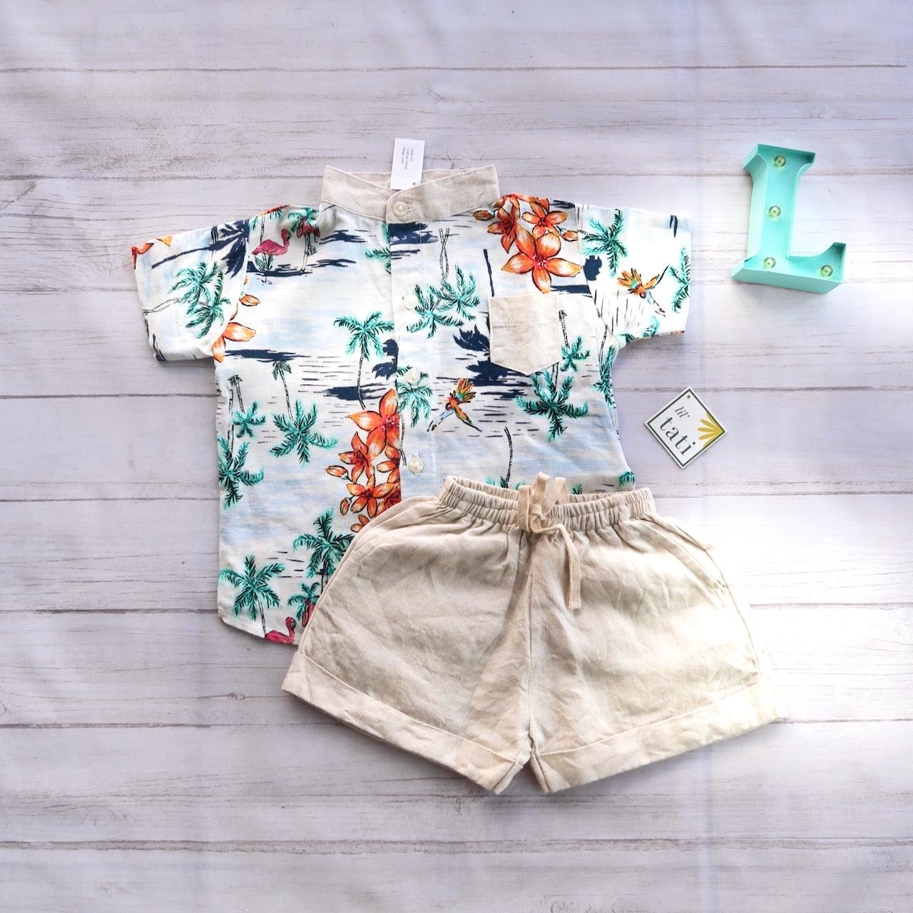 Cedar Top & Shorts in Hawaiian Linen and Beige Linen - Lil' Tati