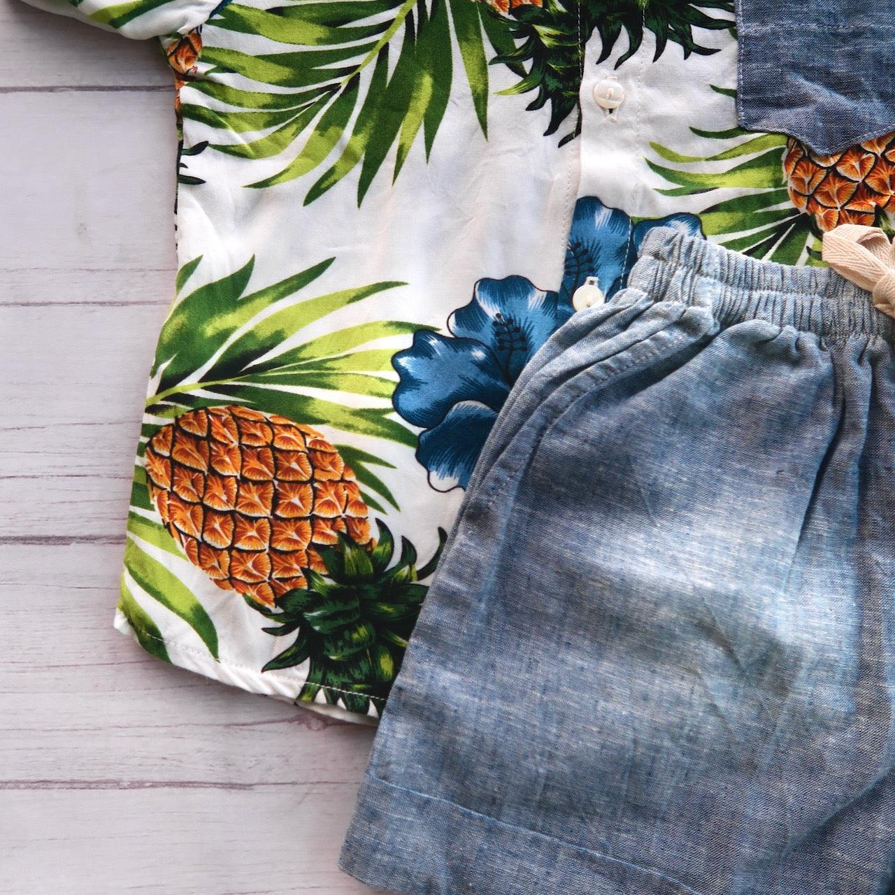 Cedar Top & Shorts in Pineapple White and Blue Linen - Lil' Tati