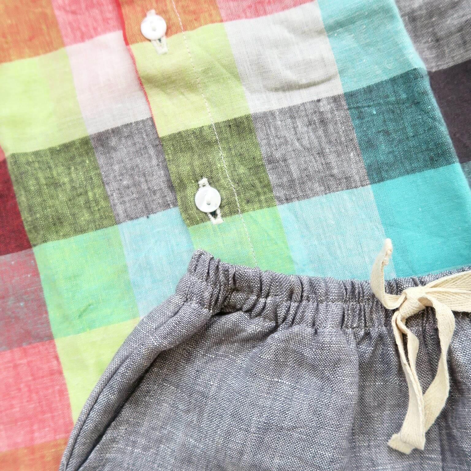 Cedar Top & Shorts in Playful Checkered and Gray Linen - Lil' Tati