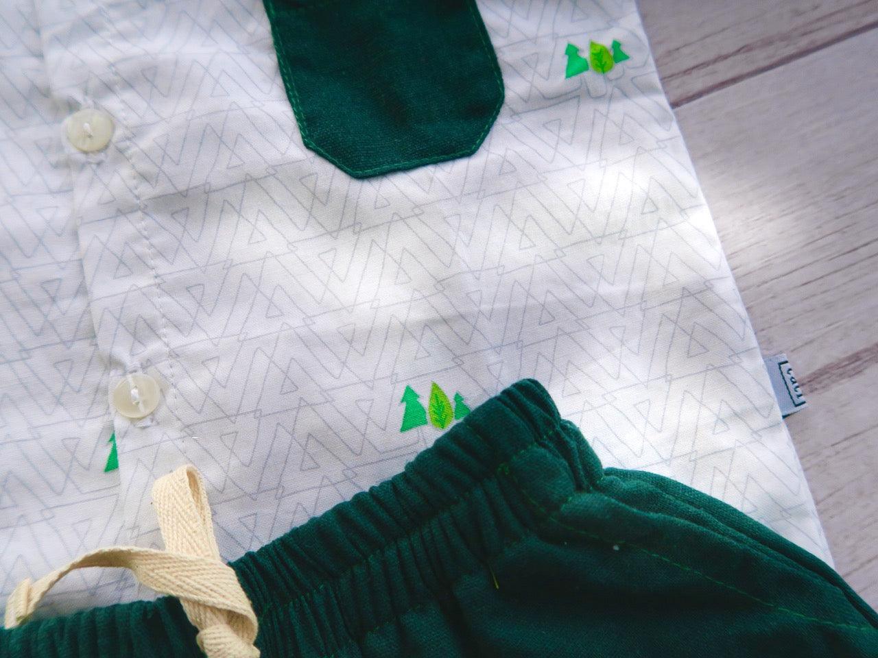 Cedar Top & Shorts in Trees White and Green Linen - Lil' Tati
