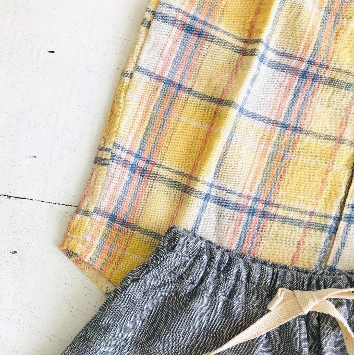Cedar Top & Shorts in Yellow Plaid and Gray Linen - Lil' Tati