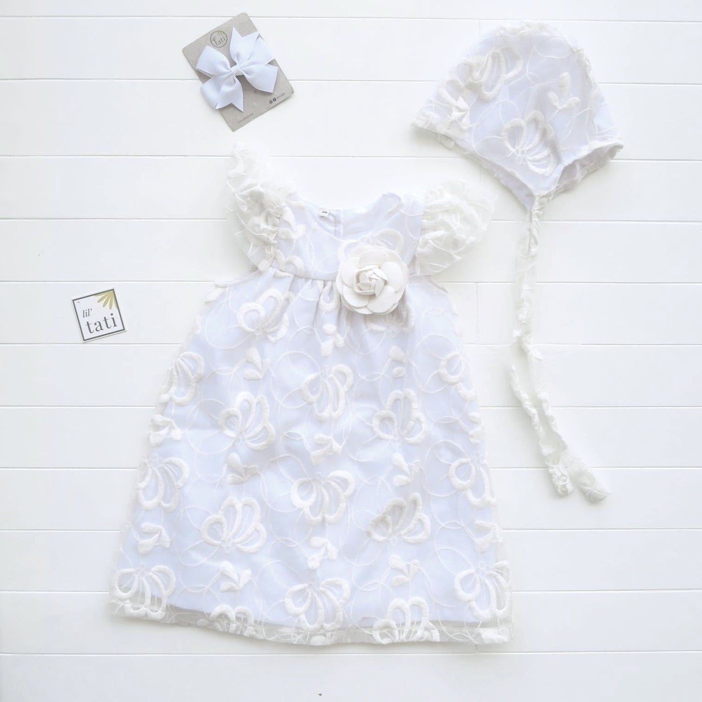 Magnolia Christening Set in Floral Petal Tulle Galaxy White - Lil' Tati