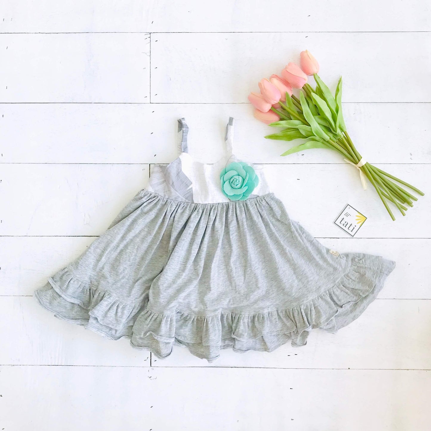 Dahlia Dress in Banana Leaves and Gray Stretch - Lil' Tati