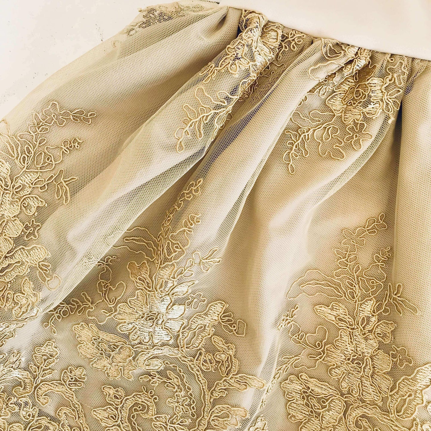 Dahlia Dress in Cream Neoprene and Gold Floral Tulle Embroidery - Lil' Tati