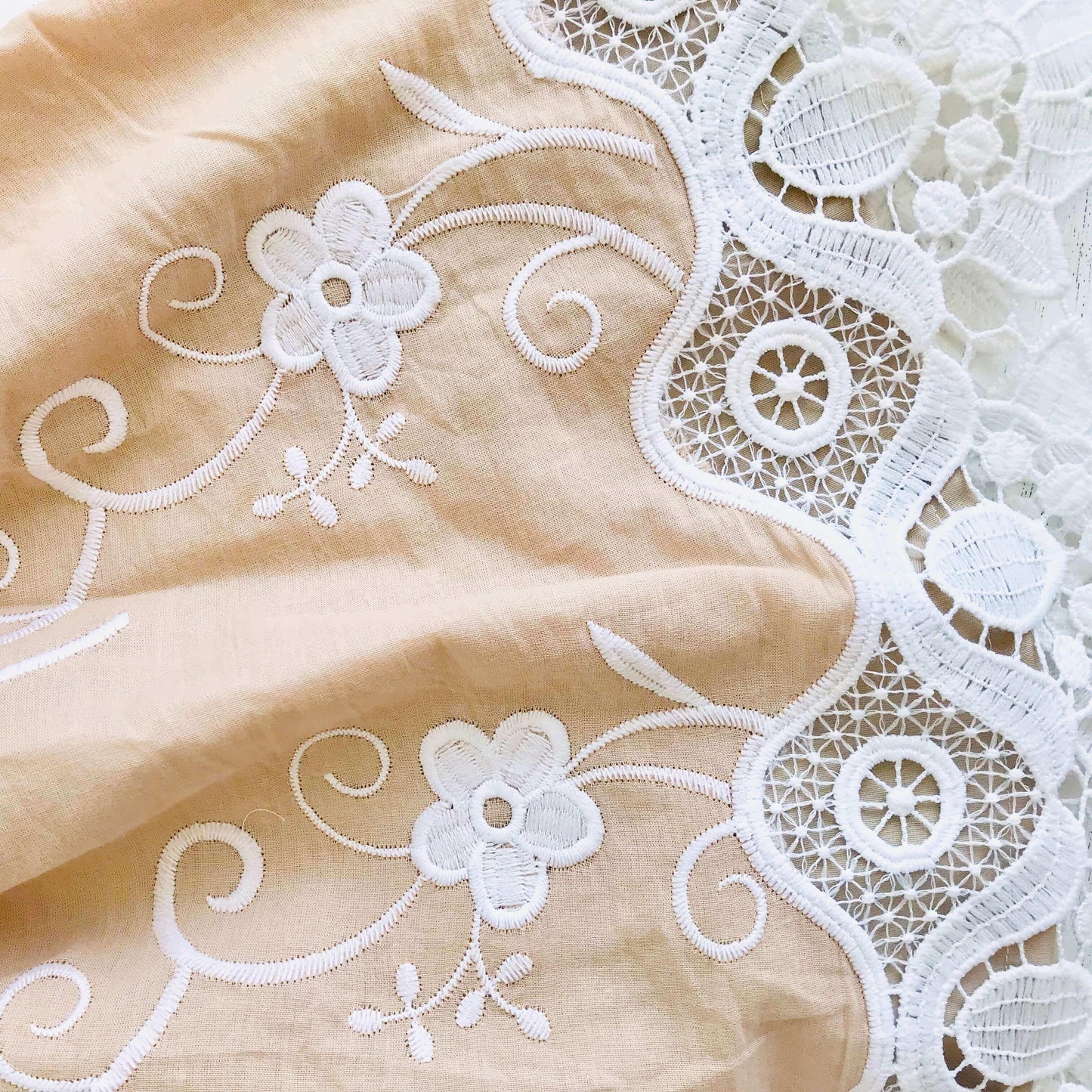 Dahlia Dress in Nude Neoprene and Fancy Beige Embroidery - Lil' Tati