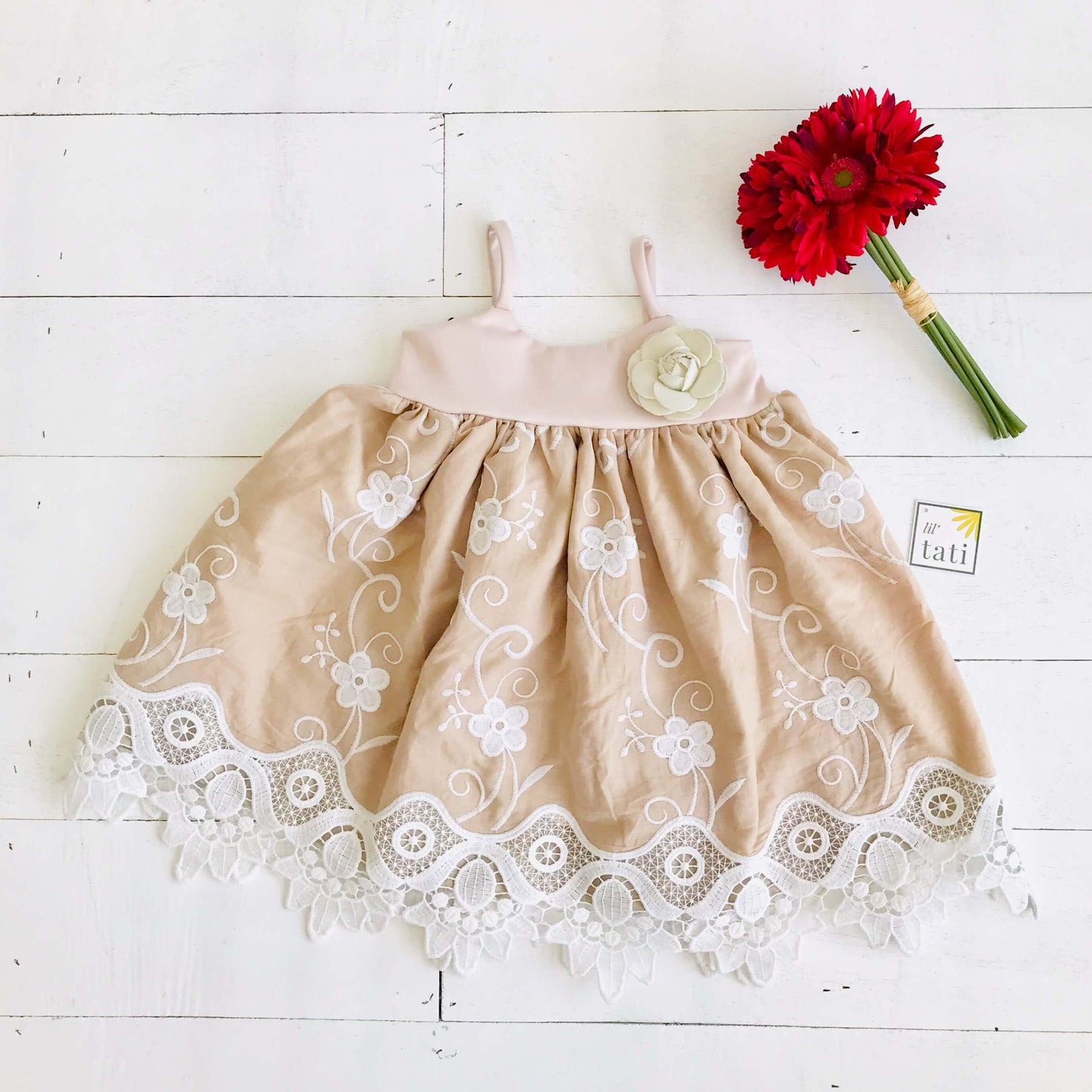Dahlia Dress in Nude Neoprene and Fancy Beige Embroidery - Lil' Tati