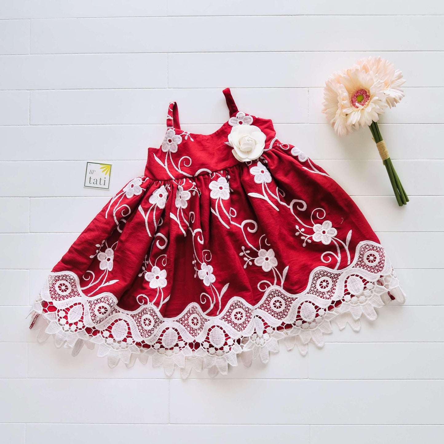 Dahlia Dress in Fancy Red Lace - Lil' Tati