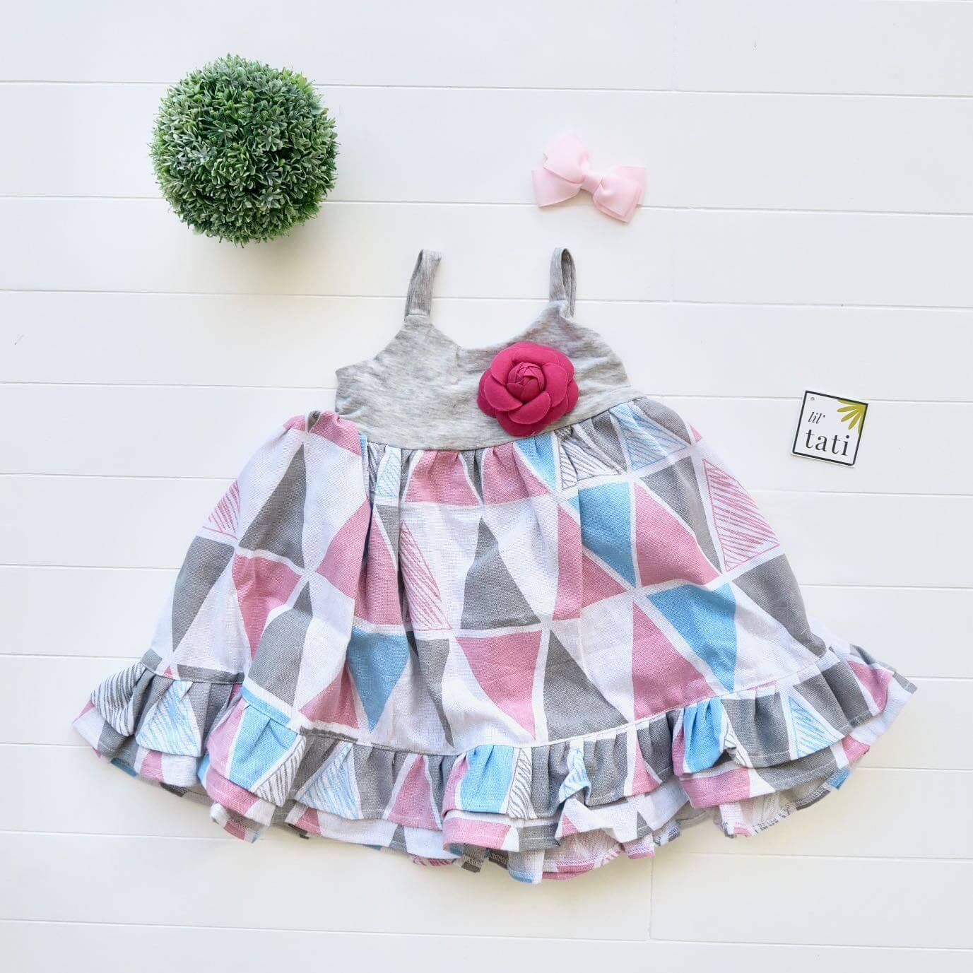 Dahlia Dress in Pink Triangle and Gray Cotton Stretch - Lil' Tati