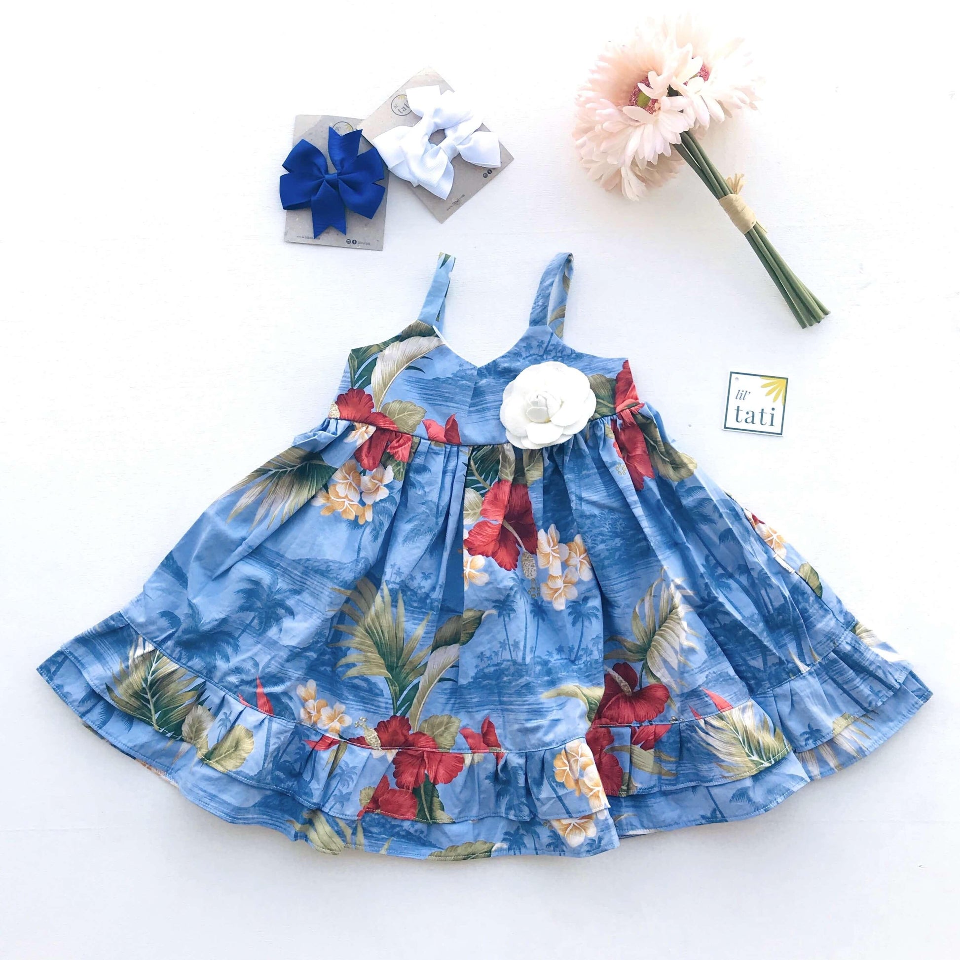 Dahlia Dress in Hawaiian Blue Print - Lil' Tati