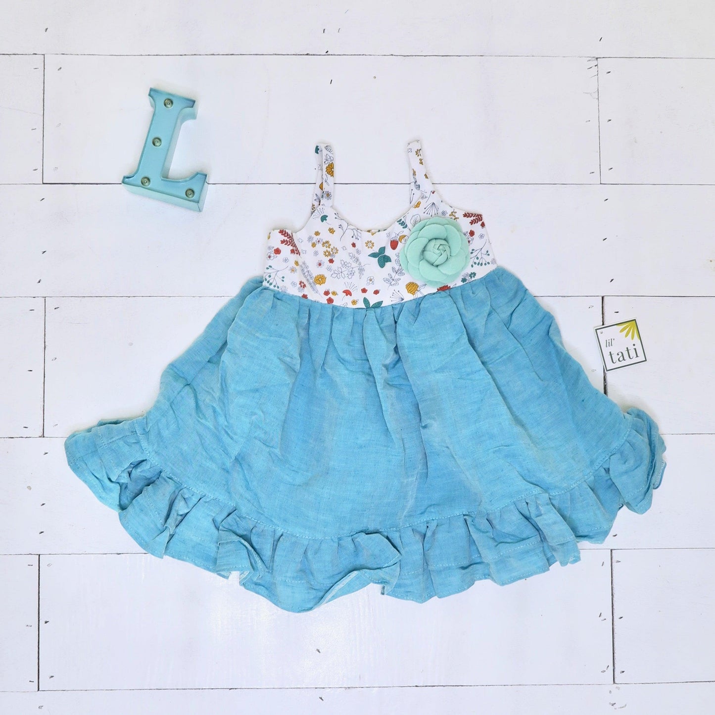 Dahlia Dress in Into the Garden and Teal Linen - Lil' Tati