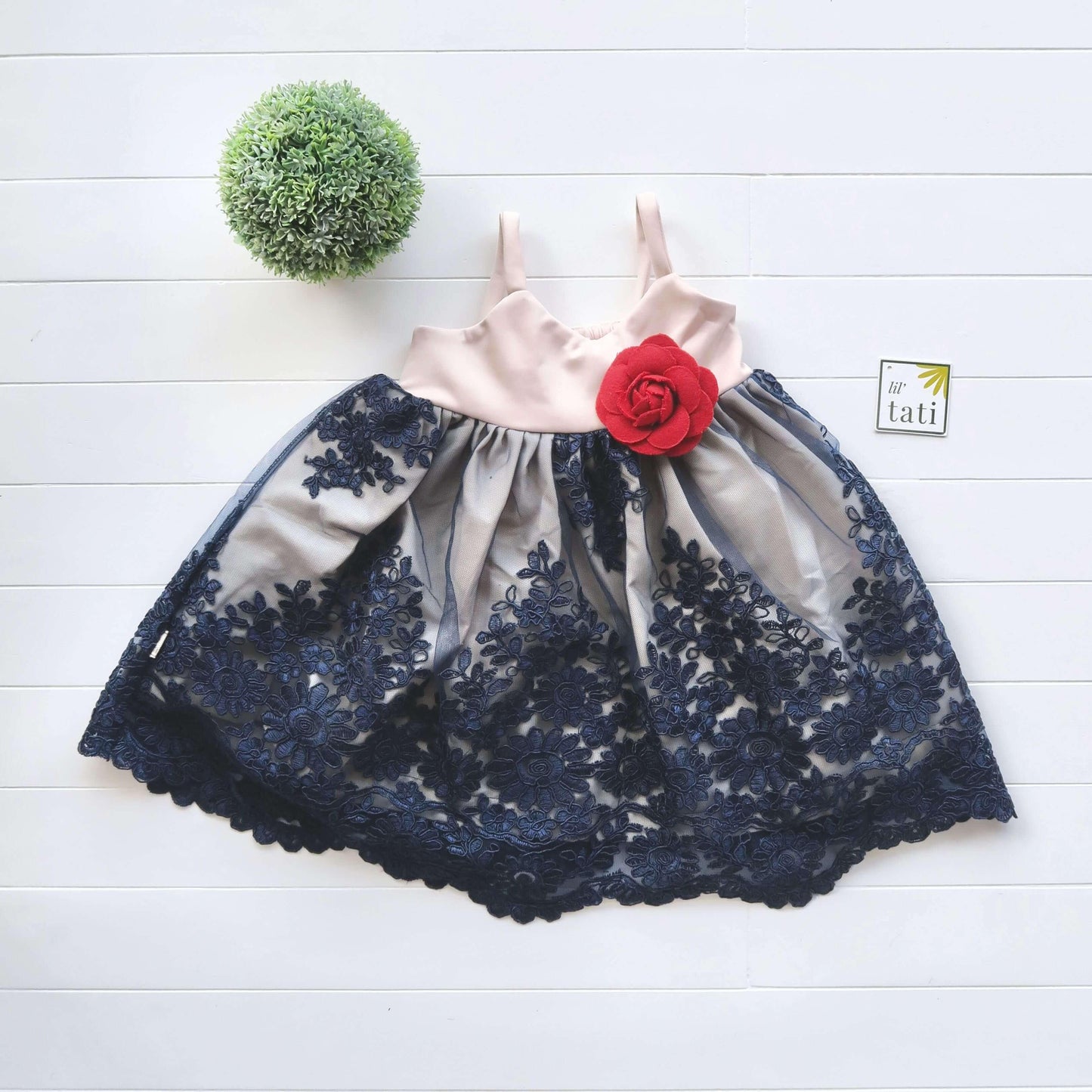 Dahlia Dress in Nude Neoprene and Navy Floral Tulle Embroidery - Lil' Tati