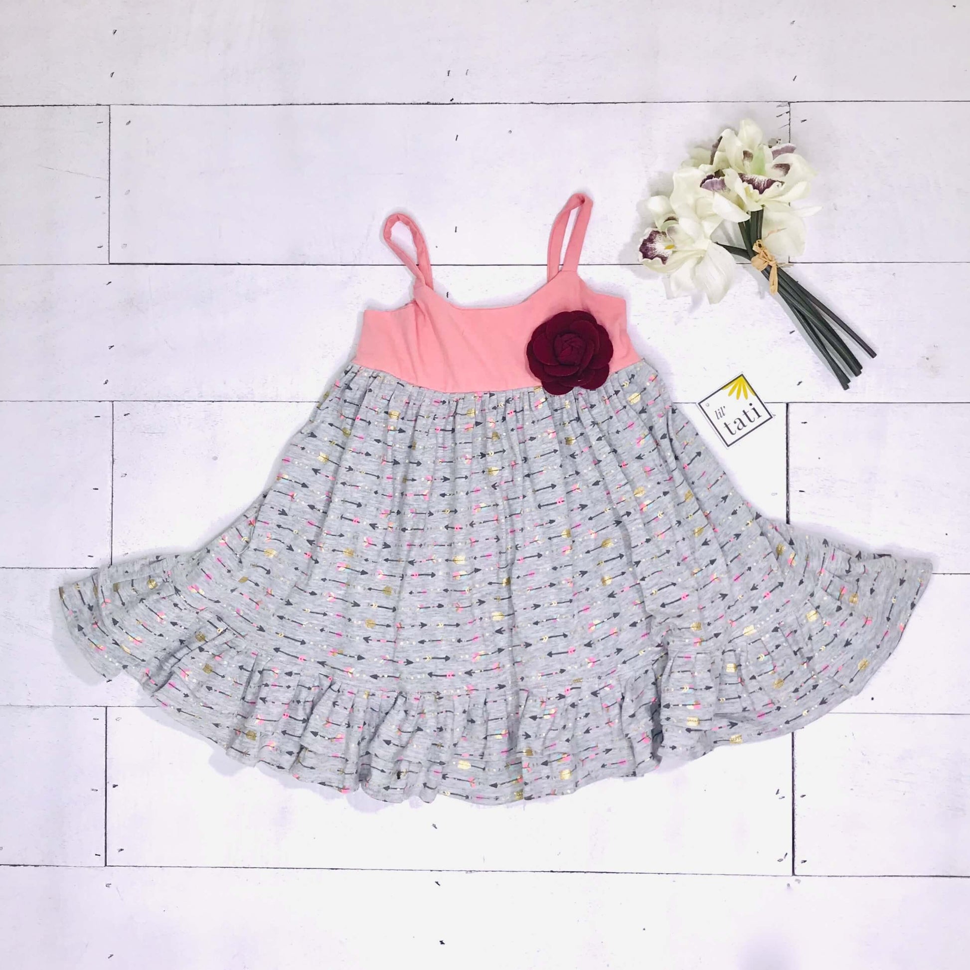 Dahlia Dress in Pink Stretch and Arrows Gray Stretch - Lil' Tati