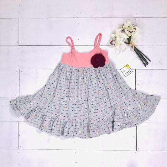 Dahlia Dress in Pink Stretch and Arrows Gray Stretch - Lil' Tati