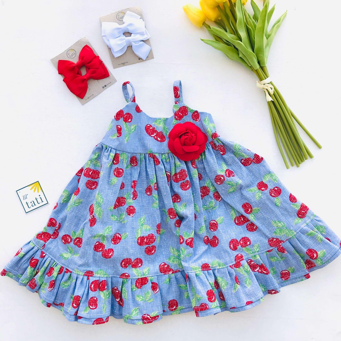 Dahlia Dress in Sky Cherries Print - Lil' Tati