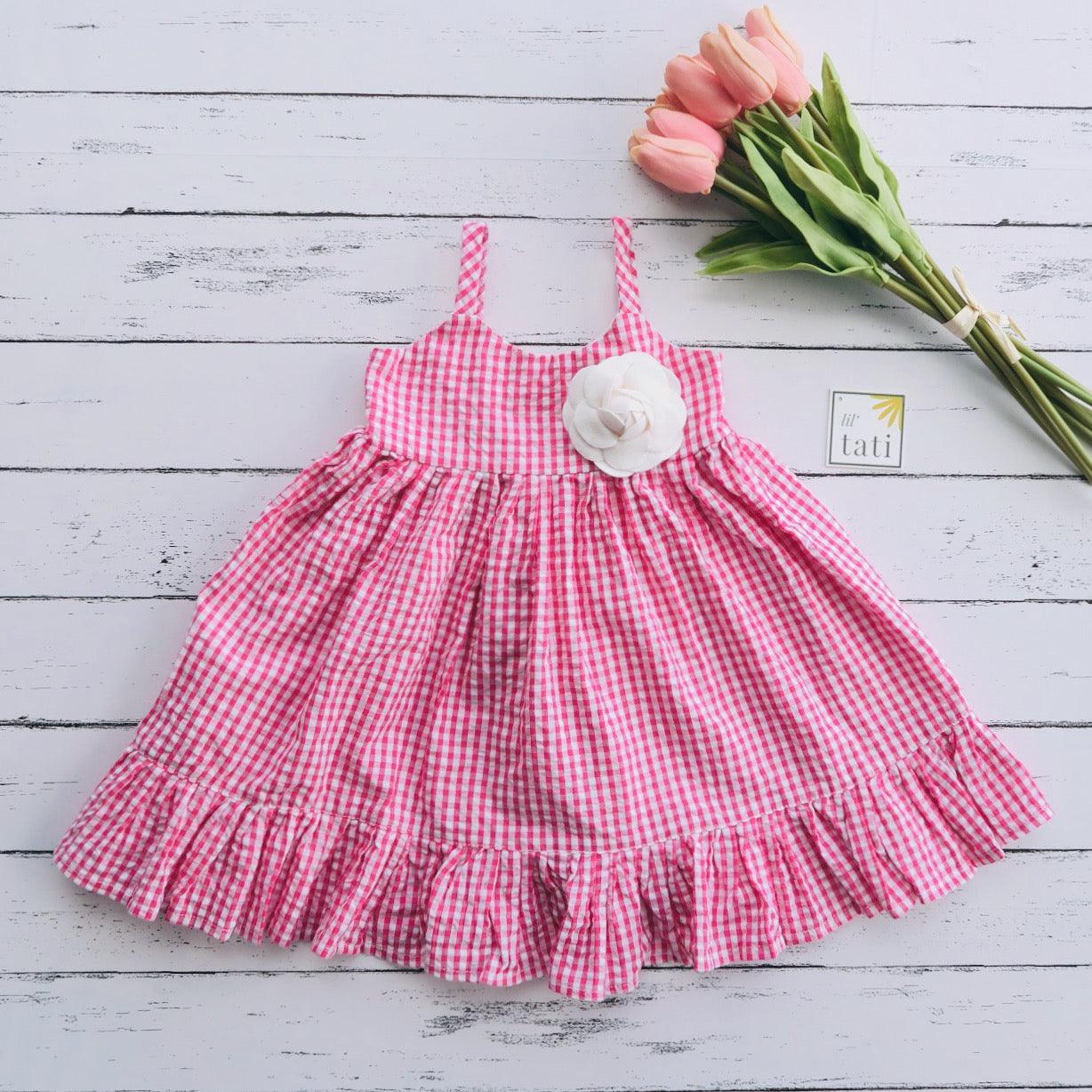 Dahlia Dress in Strawberry Seersucker - Lil' Tati